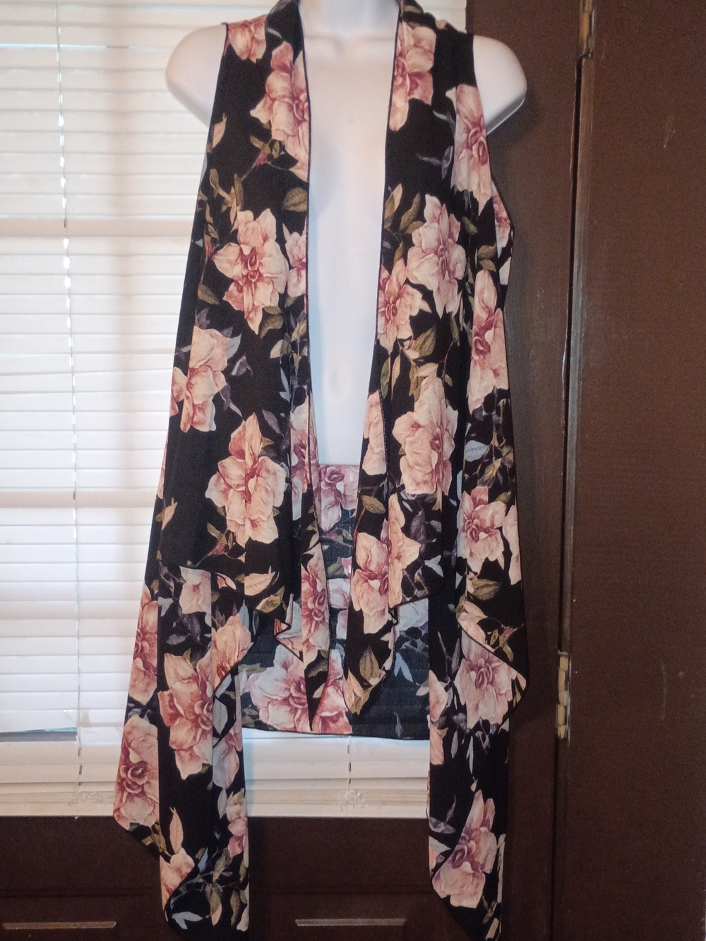 Floral Sleeveless Draped Vest - Black with Pink Floral